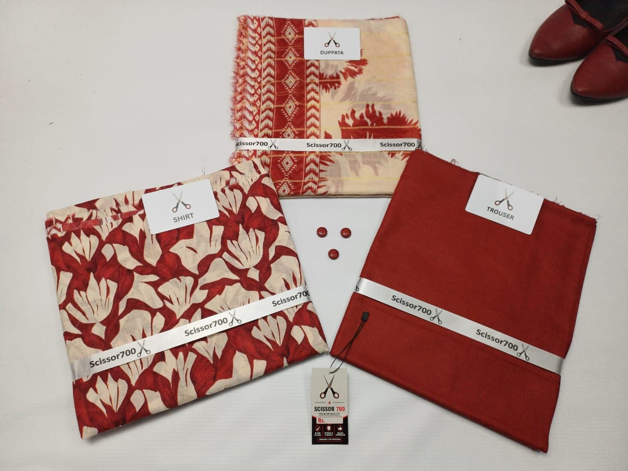Crimson Bloom three piece unstitched lawn suit — shirt, dupatta and trouser